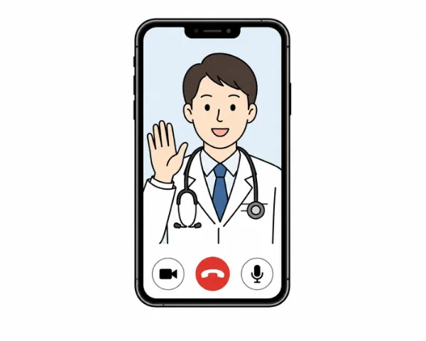 スマートフォンのビデオ通話で医師が診察する様子のイラスト